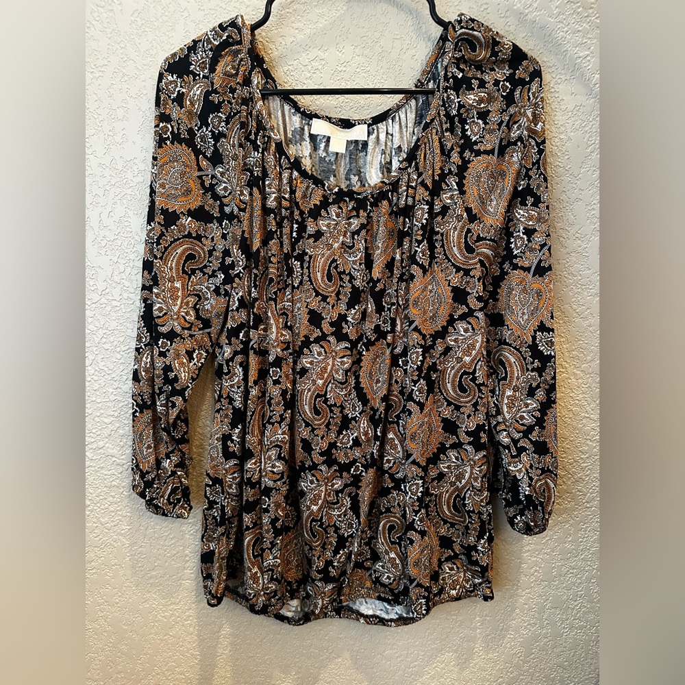 Michael Kors Black Paisley Long-Sleeve Tunic with Brown & Cream Print